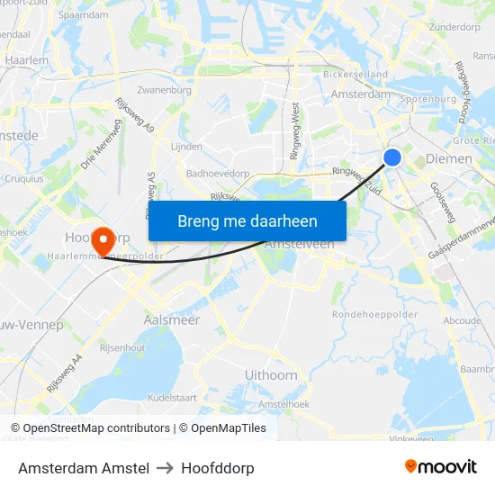 Amsterdam Amstel to Hoofddorp map