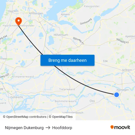 Nijmegen Dukenburg to Hoofddorp map