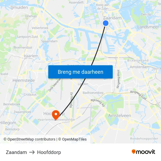 Zaandam to Hoofddorp map