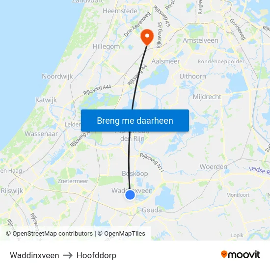Waddinxveen to Hoofddorp map