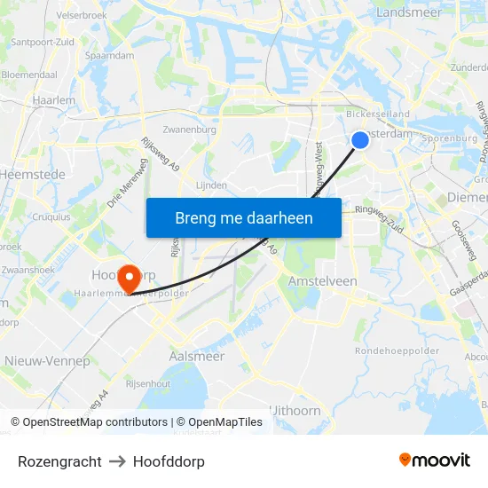 Rozengracht to Hoofddorp map