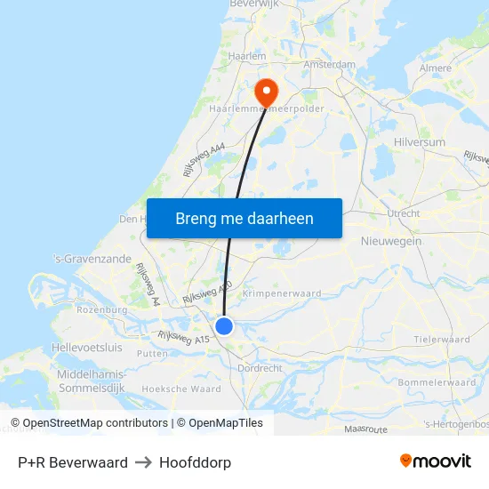 P+R Beverwaard to Hoofddorp map