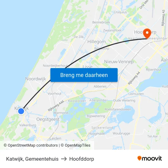 Katwijk, Gemeentehuis to Hoofddorp map
