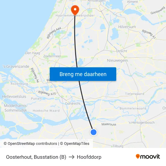 Oosterhout, Busstation (B) to Hoofddorp map
