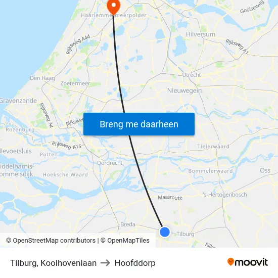 Tilburg, Koolhovenlaan to Hoofddorp map