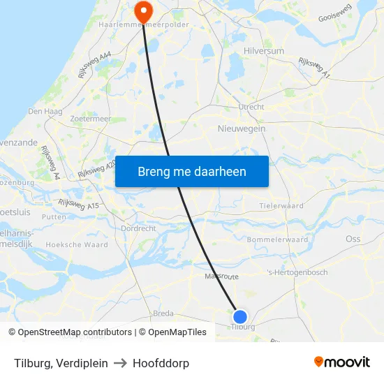 Tilburg, Verdiplein to Hoofddorp map