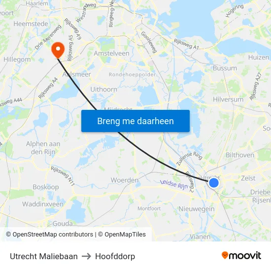 Utrecht Maliebaan to Hoofddorp map