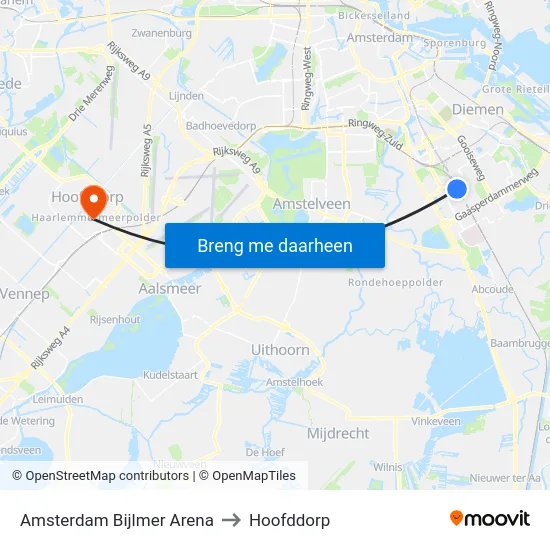 Amsterdam Bijlmer Arena to Hoofddorp map