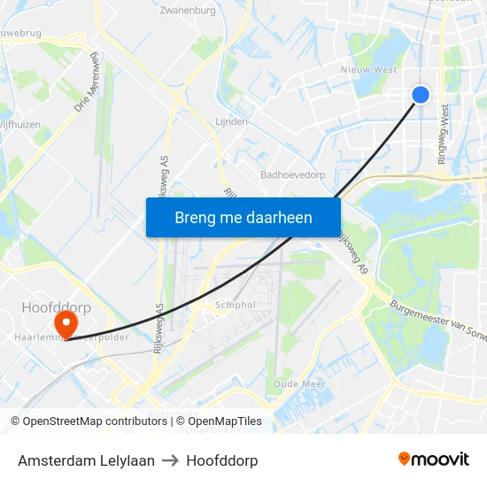 Amsterdam Lelylaan to Hoofddorp map