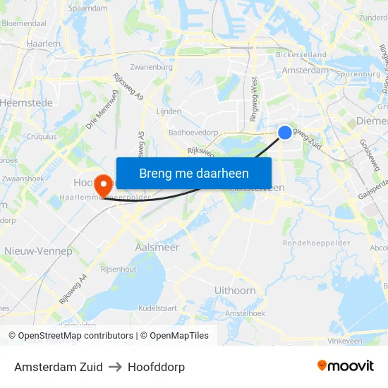 Amsterdam Zuid to Hoofddorp map
