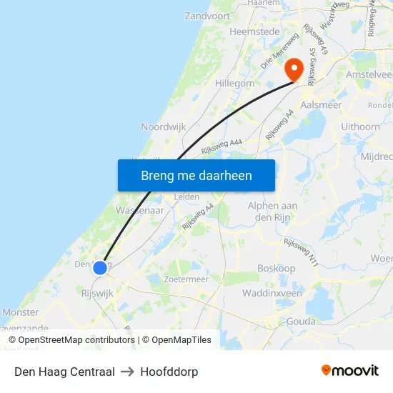 Den Haag Centraal to Hoofddorp map