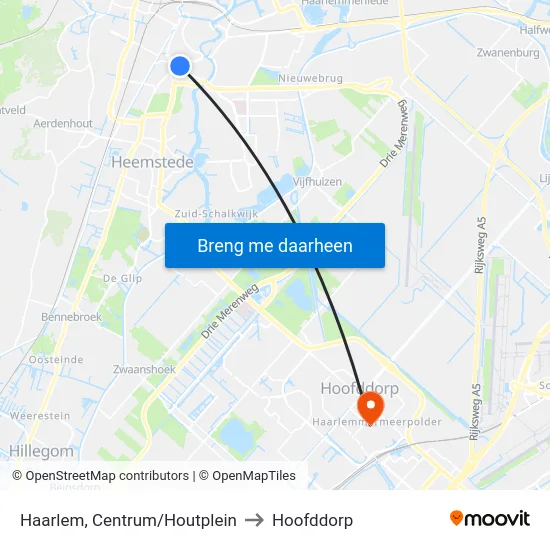 Haarlem, Centrum/Houtplein to Hoofddorp map