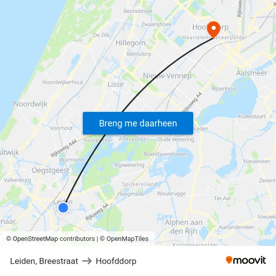 Leiden, Breestraat to Hoofddorp map