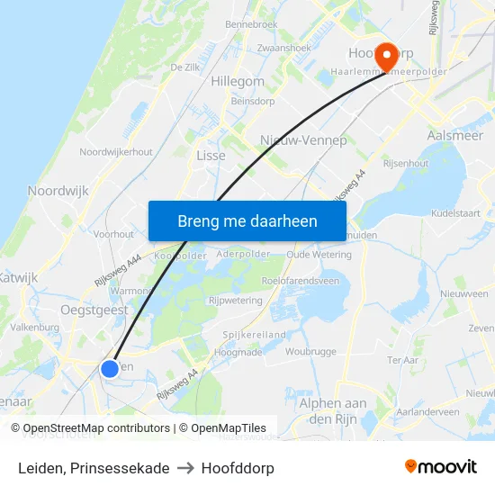 Leiden, Prinsessekade to Hoofddorp map