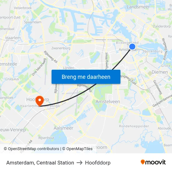 Amsterdam, Centraal Station to Hoofddorp map