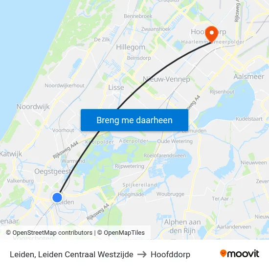 Leiden, Leiden Centraal Westzijde to Hoofddorp map