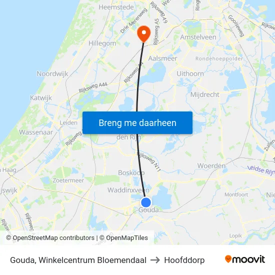Gouda, Winkelcentrum Bloemendaal to Hoofddorp map