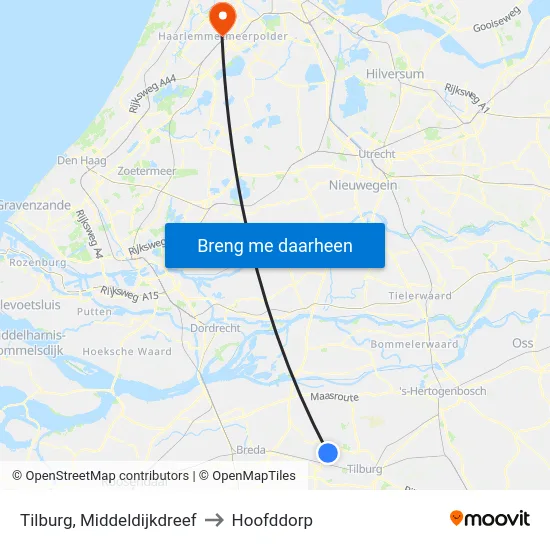 Tilburg, Middeldijkdreef to Hoofddorp map