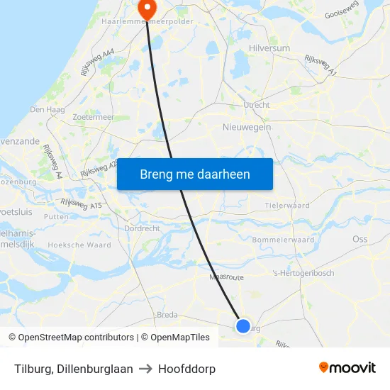 Tilburg, Dillenburglaan to Hoofddorp map