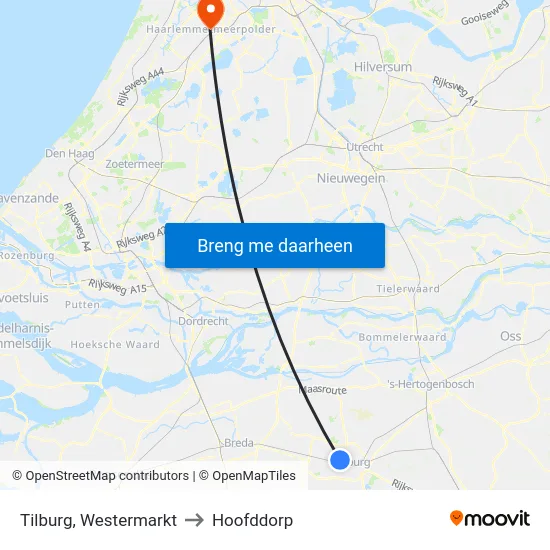 Tilburg, Westermarkt to Hoofddorp map