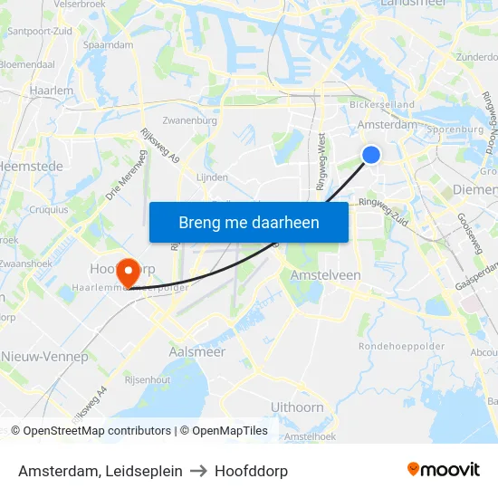 Amsterdam, Leidseplein to Hoofddorp map