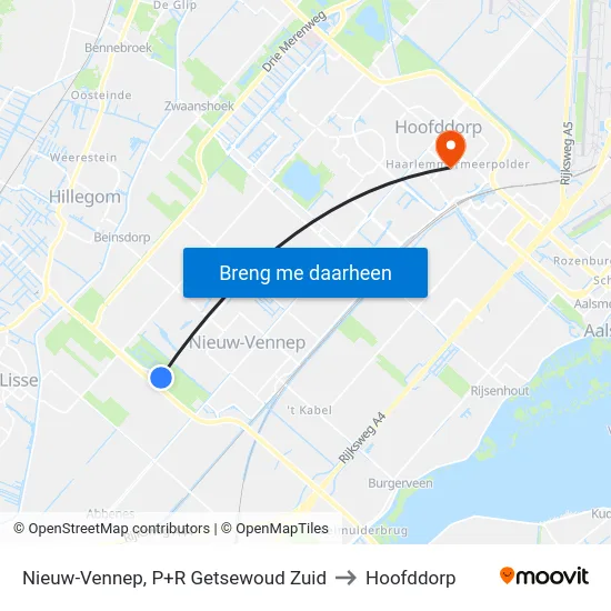 Nieuw-Vennep, P+R Getsewoud Zuid to Hoofddorp map