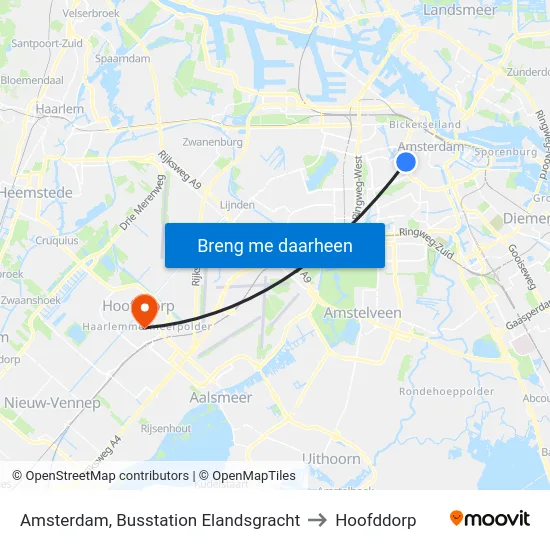 Amsterdam, Busstation Elandsgracht to Hoofddorp map