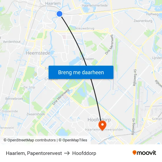 Haarlem, Papentorenvest to Hoofddorp map