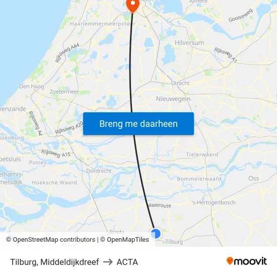 Tilburg, Middeldijkdreef to ACTA map
