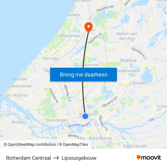 Rotterdam Centraal to Lipsiusgebouw map