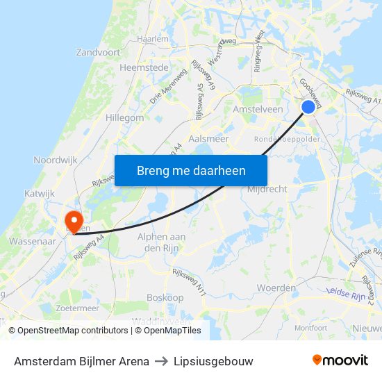 Amsterdam Bijlmer Arena to Lipsiusgebouw map