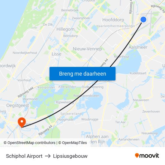 Schiphol Airport to Lipsiusgebouw map