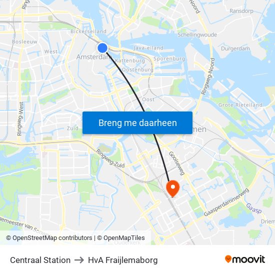 Centraal Station to HvA Fraijlemaborg map