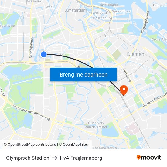 Olympisch Stadion to HvA Fraijlemaborg map