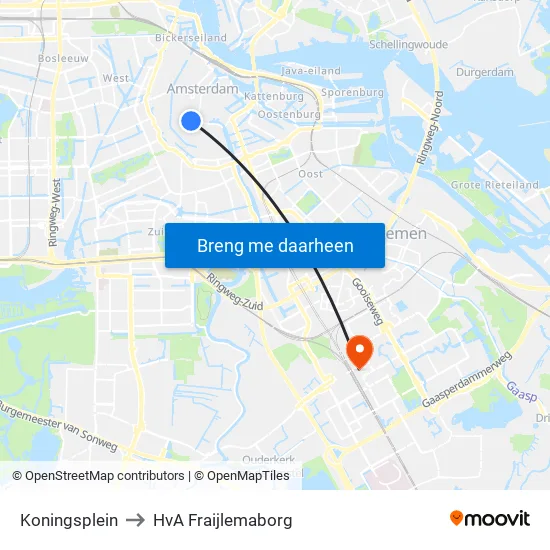 Koningsplein to HvA Fraijlemaborg map