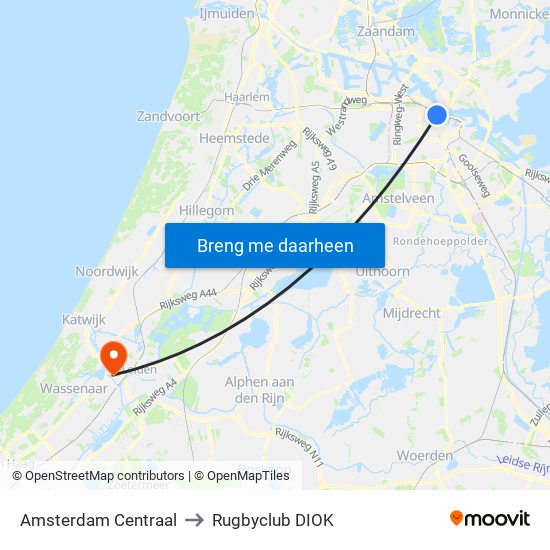 Amsterdam Centraal to Rugbyclub DIOK map