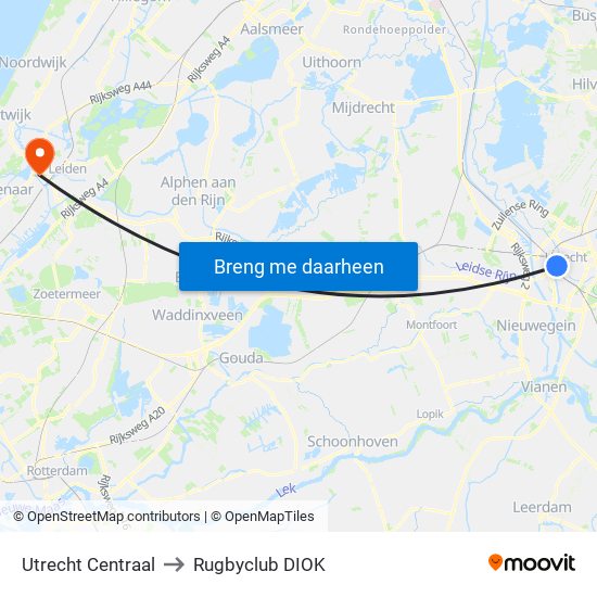 Utrecht Centraal to Rugbyclub DIOK map