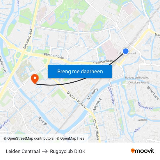 Leiden Centraal to Rugbyclub DIOK map