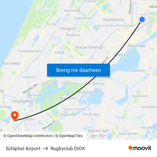 Schiphol Airport to Rugbyclub DIOK map