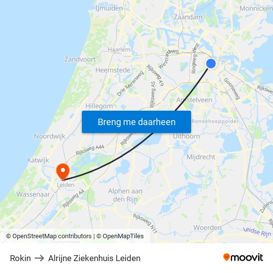 Rokin to Alrijne Ziekenhuis Leiden map