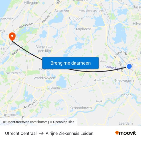 Utrecht Centraal to Alrijne Ziekenhuis Leiden map