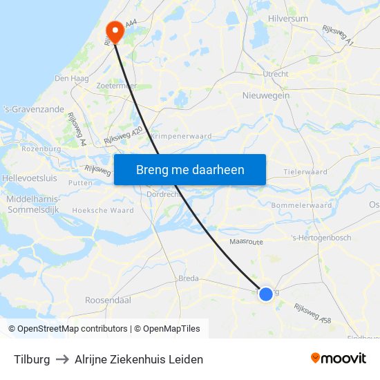 Tilburg to Alrijne Ziekenhuis Leiden map