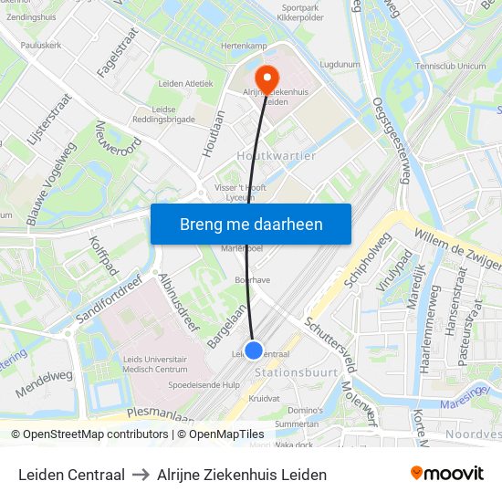 Leiden Centraal to Alrijne Ziekenhuis Leiden map