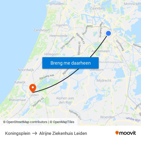 Koningsplein to Alrijne Ziekenhuis Leiden map