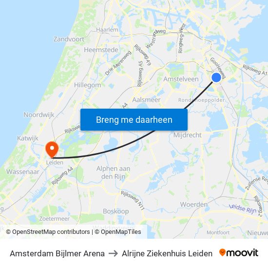 Amsterdam Bijlmer Arena to Alrijne Ziekenhuis Leiden map
