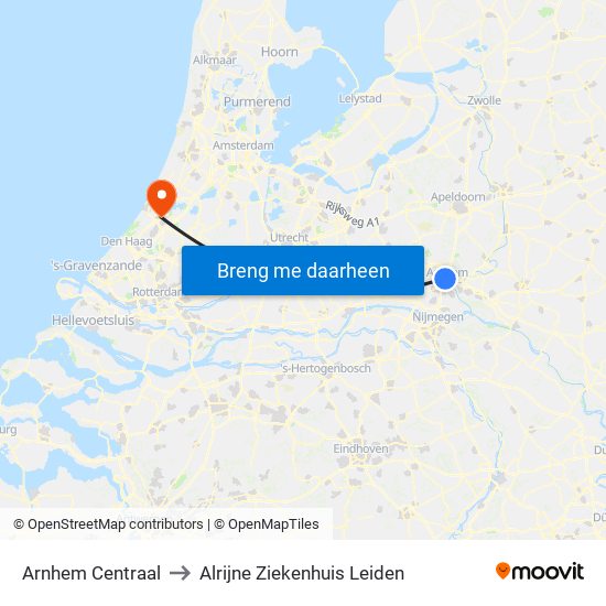 Arnhem Centraal to Alrijne Ziekenhuis Leiden map