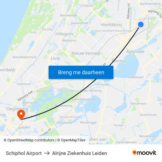 Schiphol Airport to Alrijne Ziekenhuis Leiden map