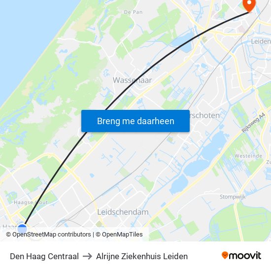 Den Haag Centraal to Alrijne Ziekenhuis Leiden map