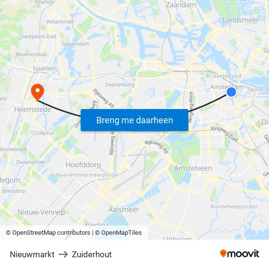 Nieuwmarkt to Zuiderhout map