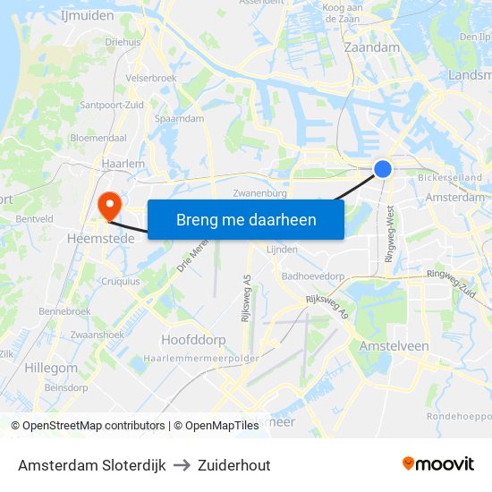Amsterdam Sloterdijk to Zuiderhout map